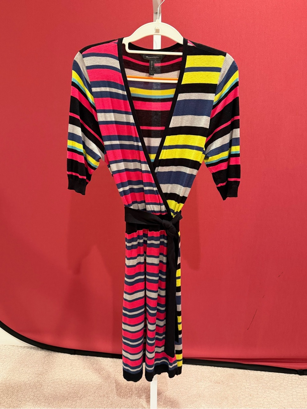 BCBGMaxAzria Striped Wrap Midi Dress in Pink, Yellow & Black - Picture 3 of 7